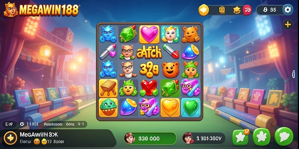 Screenshot MEGAWIN188 menunjukkan keseruan gameplay Match-3 yang penuh warna.