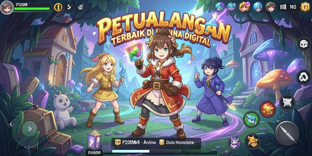 Screenshot menunjukkan karakter anime bertarung dalam P200M dengan latar yang menawan.